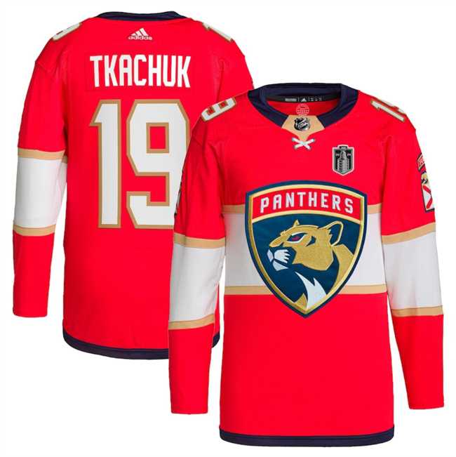 Mens Florida Panthers #19 Matthew Tkachuk Red 2024 Stanley Cup Final Patch Stitched Jersey Dzhi->->NHL Jersey